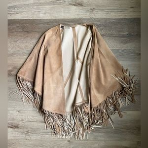 Shannie Girl 100% Tan Leather Fringe Poncho